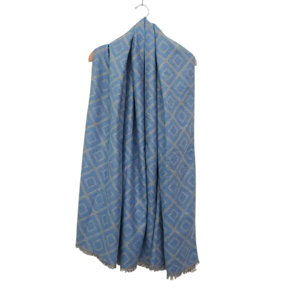 Miniso Life Diamond Plaid Scarf Wrap Blue Gray Fringed 80x28in Soft Fabric